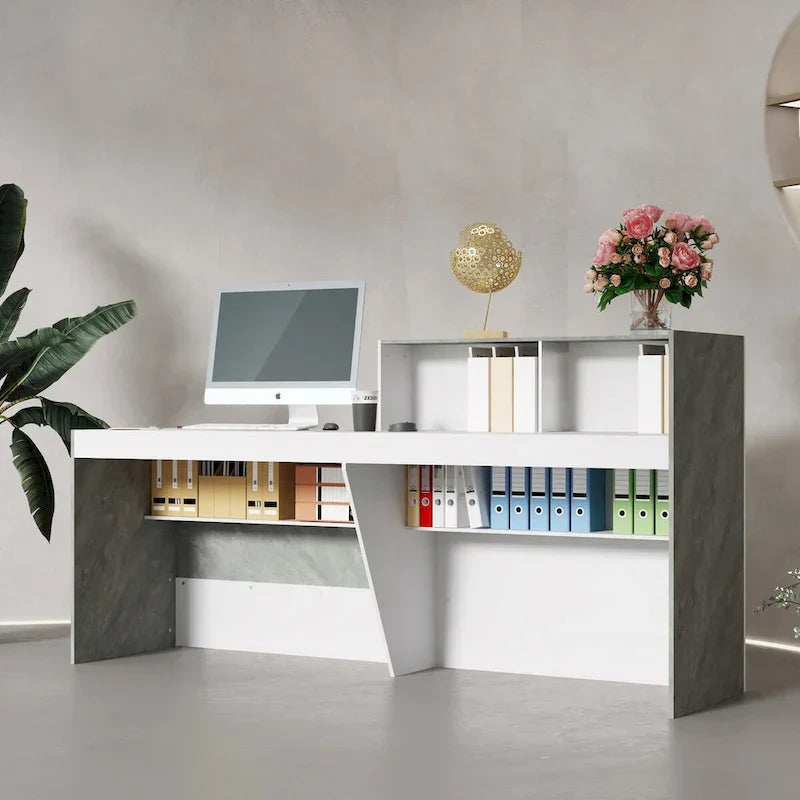 Biały Reception biurko z Computer Surface i Four półki
