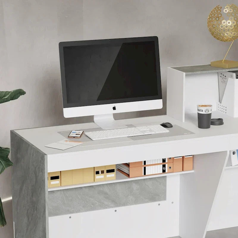 Biały Reception biurko z Computer Surface i Four półki