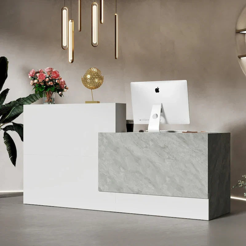 Biały Reception biurko z Computer Surface i Four półki