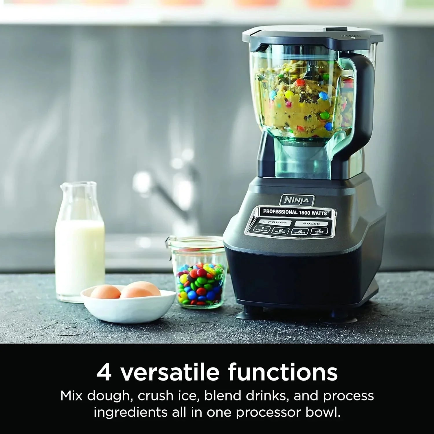 Blender Featuring Mega Kitchen System, 1500W, 4 Functions for Smoothies, Processing, Dough, Drinks and More, With 72 Blender Pitcher, 64 Processor Bowl