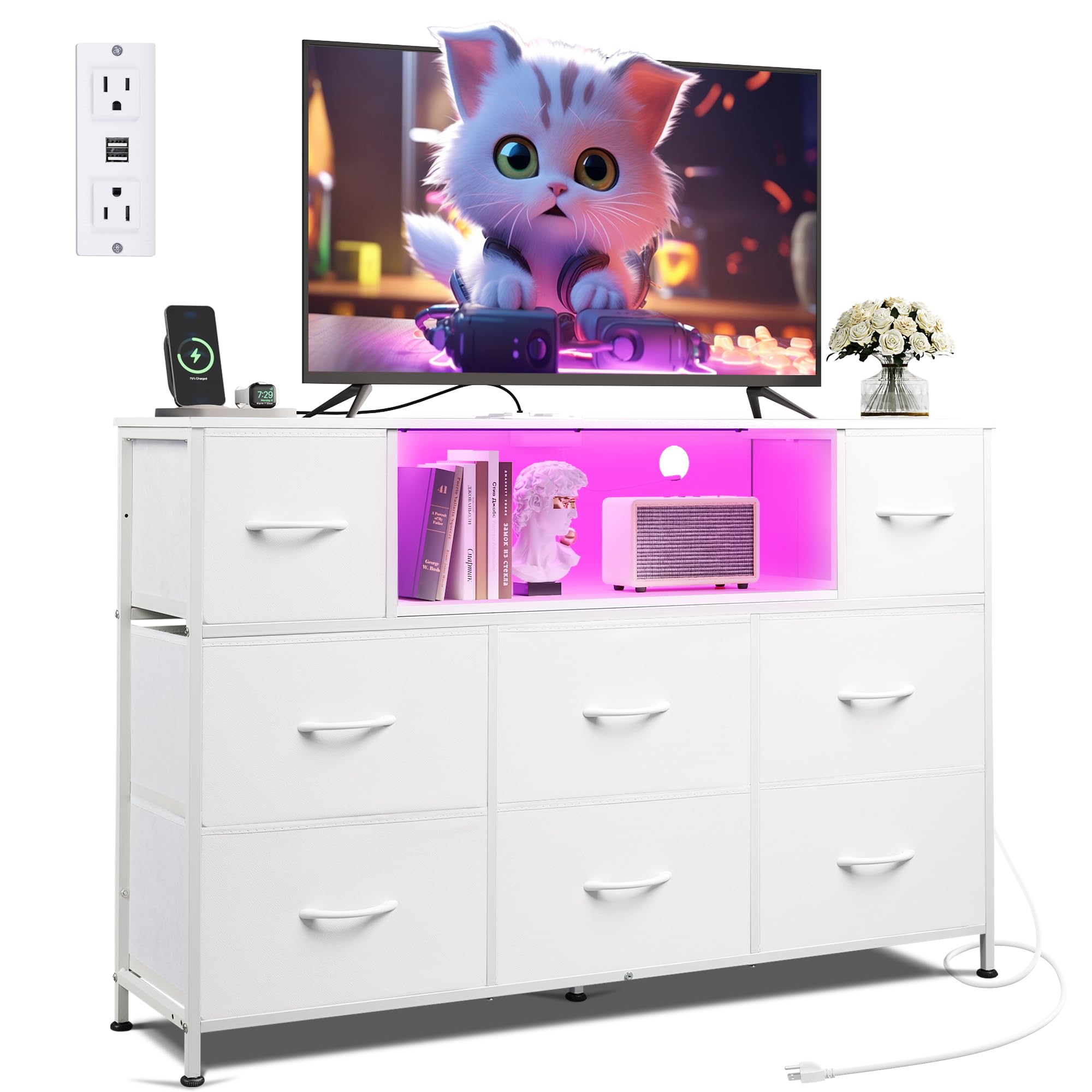 Biały Dresser szafka RTV z LED lampy i magazynowy