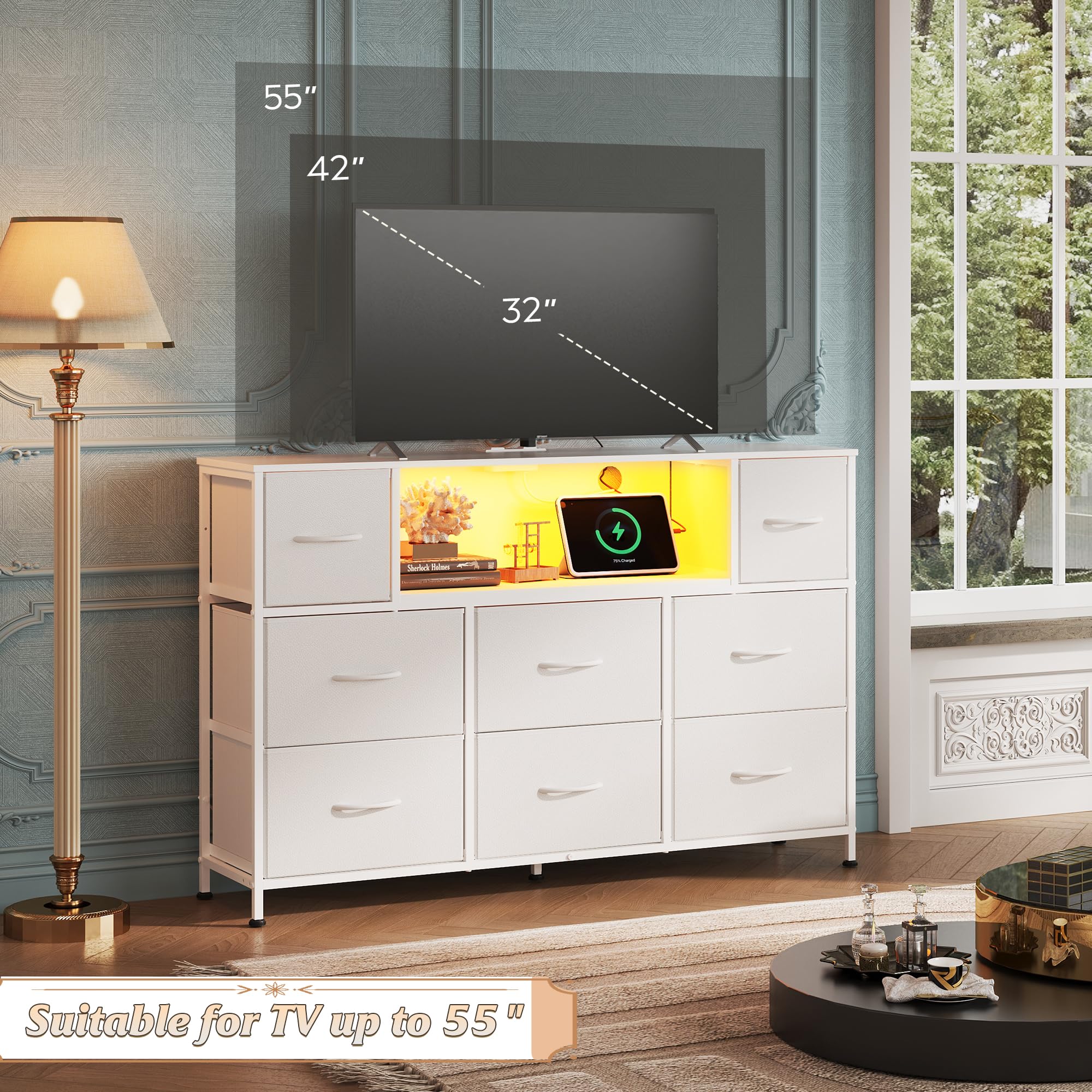 Biały Dresser szafka RTV z LED lampy i magazynowy
