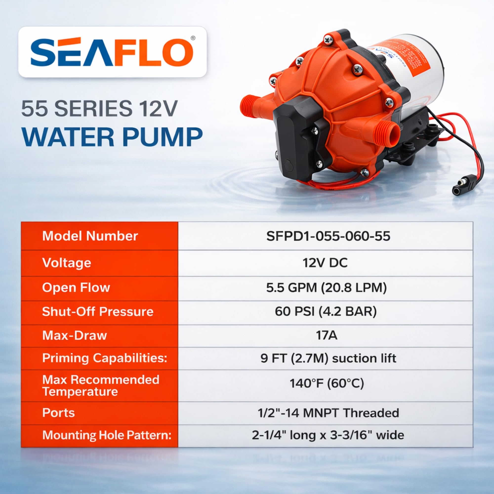 Pompa wodna, 55 seria 12V RV, 5.5 GPM wzmocniony