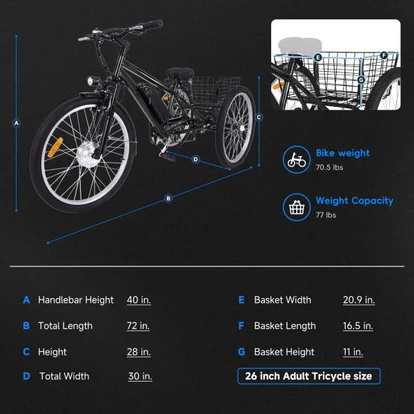 Tricycle - 26 Inch Adult 3 Wheel Electric, Featuring Basket - Fat Tires, 7 Speeds, 350W Powerful Motor, 36V 10Ah Removable Battery Dark Gray