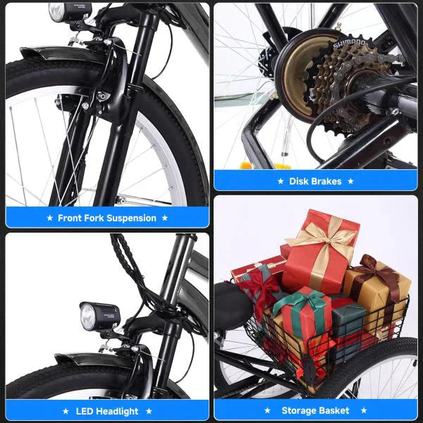 Tricycle - 26 Inch Adult 3 Wheel Electric, Featuring Basket - Fat Tires, 7 Speeds, 350W Powerful Motor, 36V 10Ah Removable Battery Dark Gray