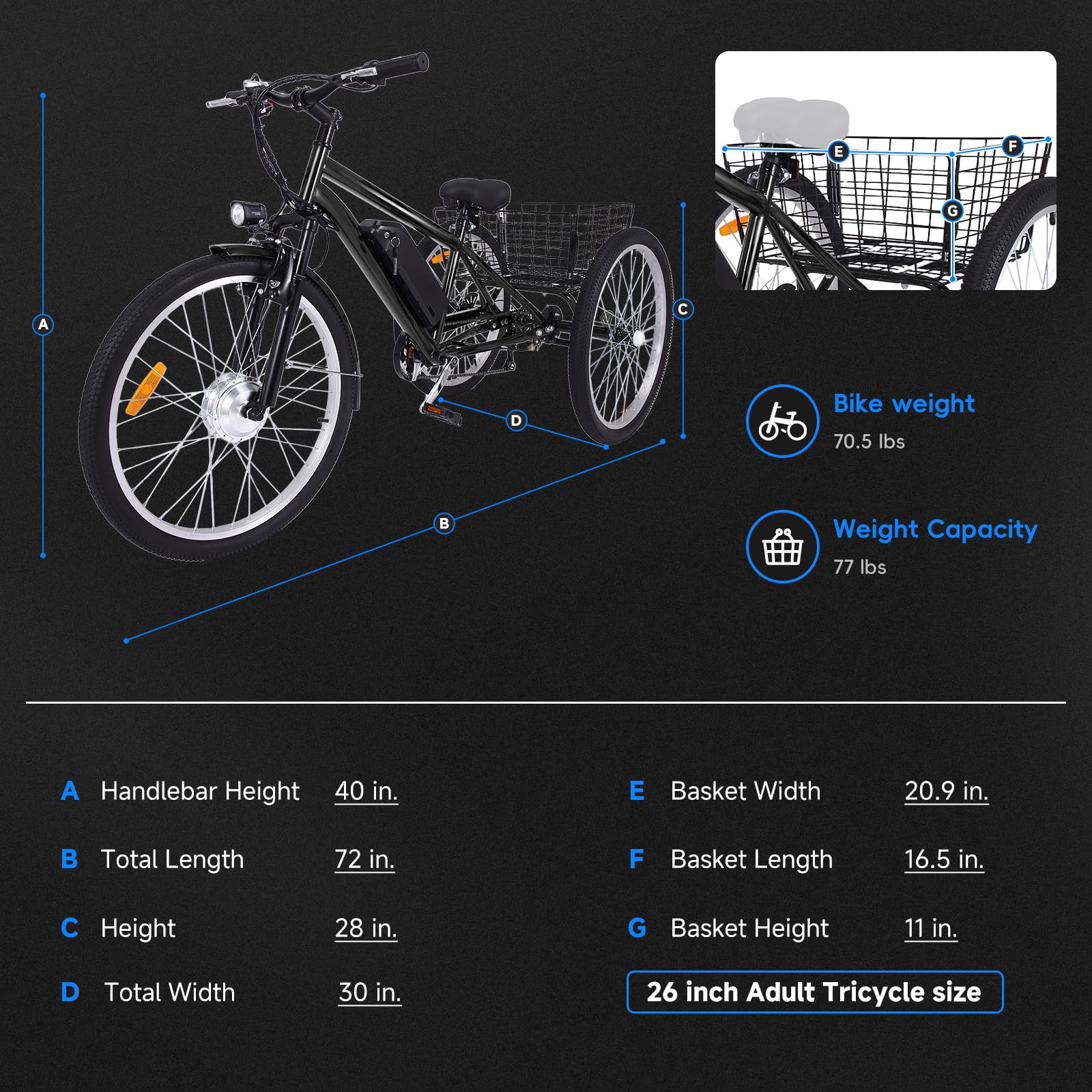 Tricycle - 26 Inch Adult 3 Wheel Electric, Featuring Basket - Fat Tires, 7 Speeds, 350W Powerful Motor, 36V 10Ah Removable Battery Dark Gray