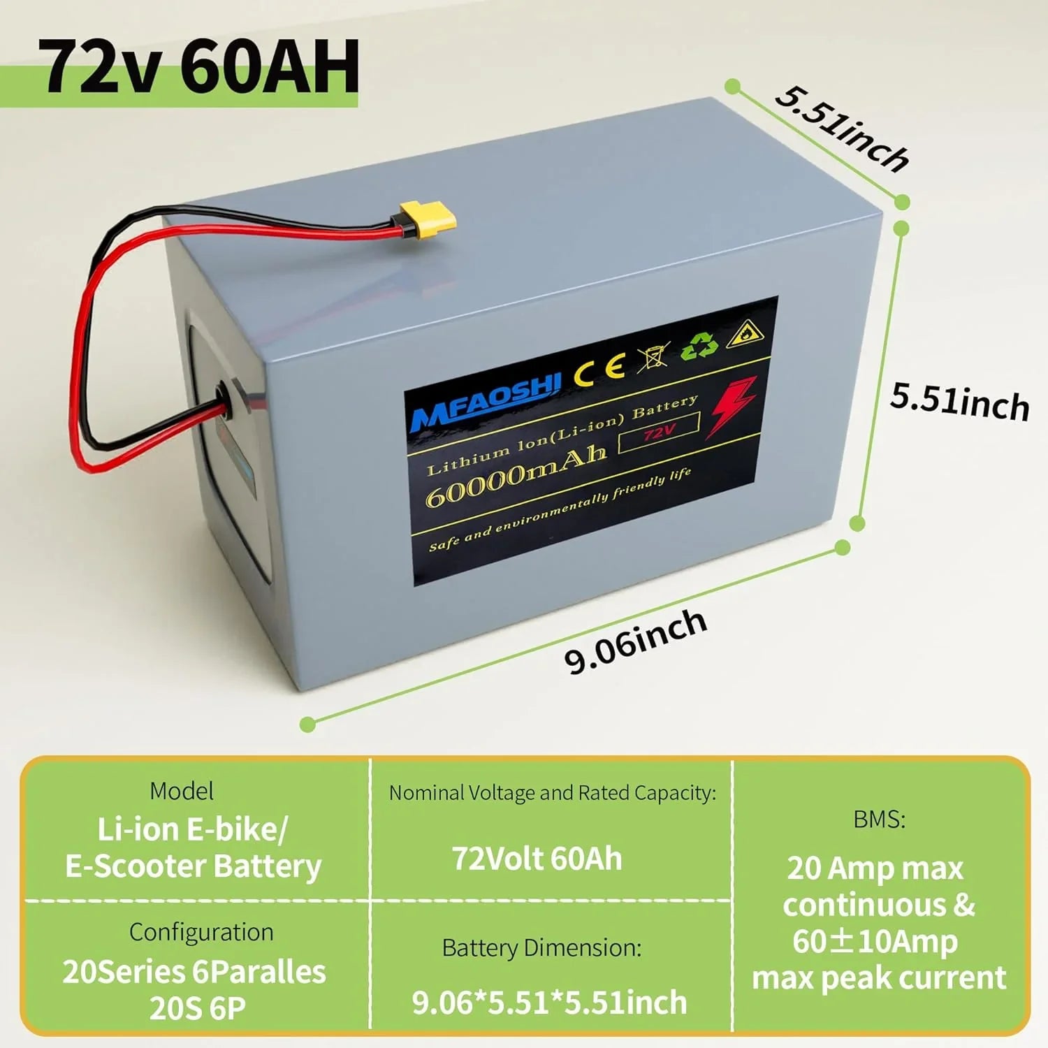72V 60Ah Lithium E-bike z LED akumulator, XT90 Connector