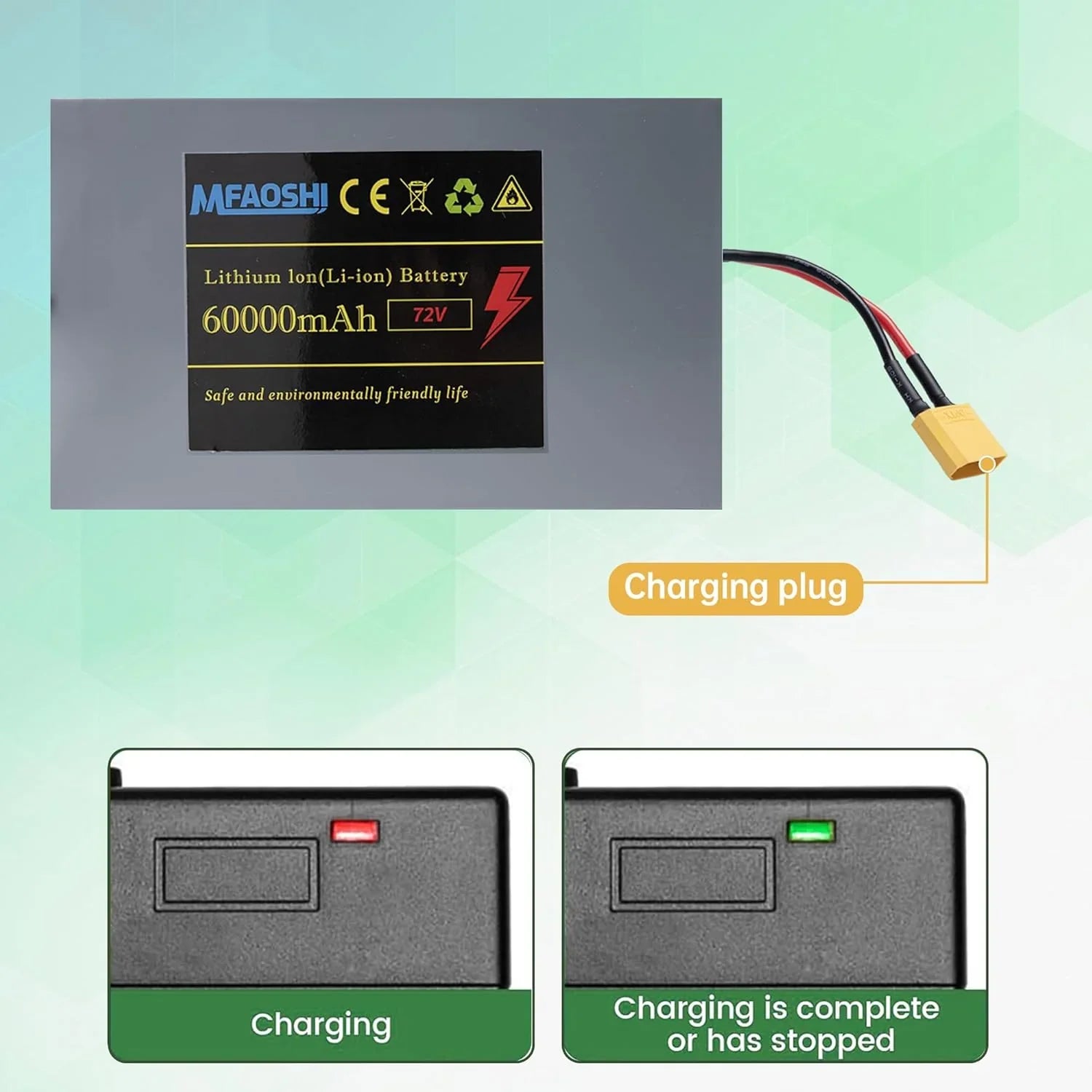 72V 60Ah Lithium E-bike z LED akumulator, XT90 Connector