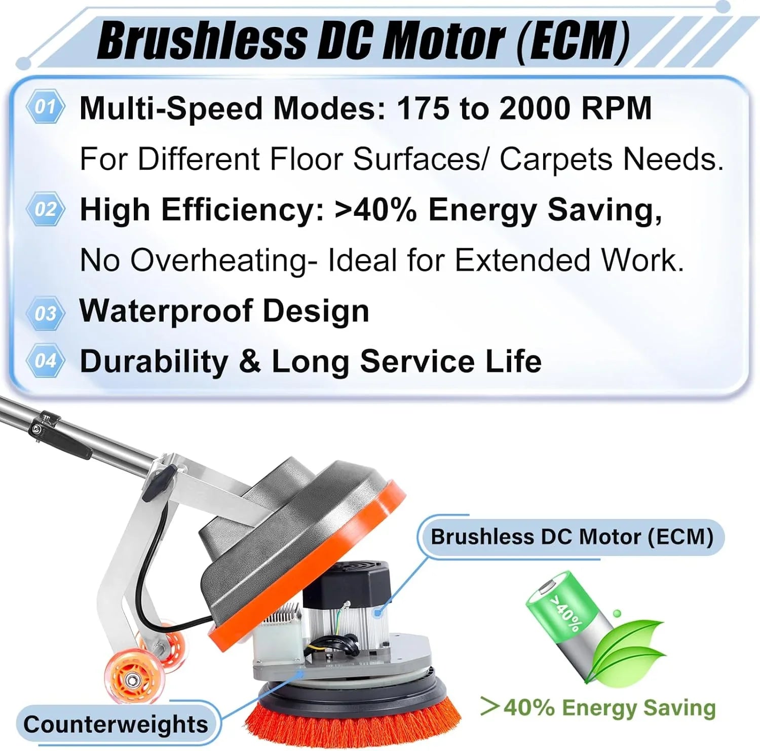 Floor Scrubber Machine - Commercial, Featuring Brushes and Pads - Heavy Duty Floor Buffer Polisher and Cleaner, Deep Cleaning Tile and Grout, Hardwood