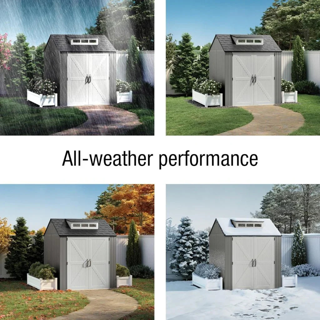Storage Shed - Resin Outdoor - Featuring Floor (7 X 7 Ft) Weather Resistant Gray Organization for Home/backyard/garden Tools/lawn Mower/bike