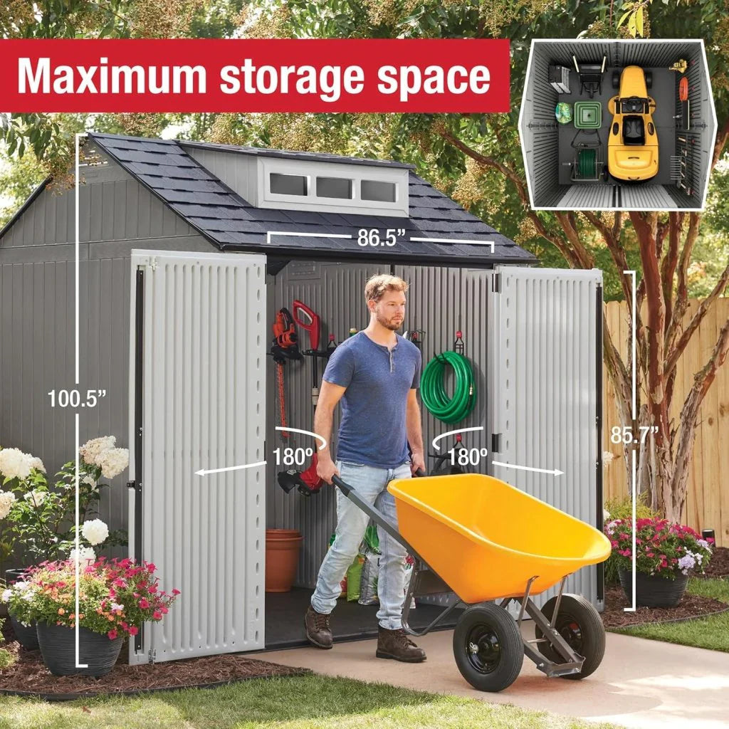 Storage Shed - Resin Outdoor - Featuring Floor (7 X 7 Ft) Weather Resistant Gray Organization for Home/backyard/garden Tools/lawn Mower/bike