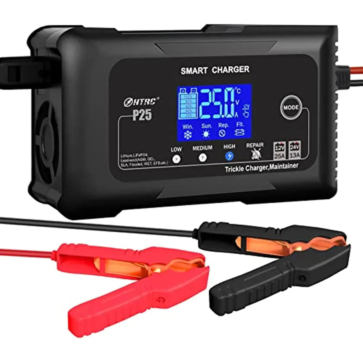 Battery Charger - 25-Amp Smart - Lithium, LiFePO4, Lead-acid Agm/gel/sla Car Battery Charger, Trickle Charger, Maintainer/deep Cycle Charger, 12V/25A