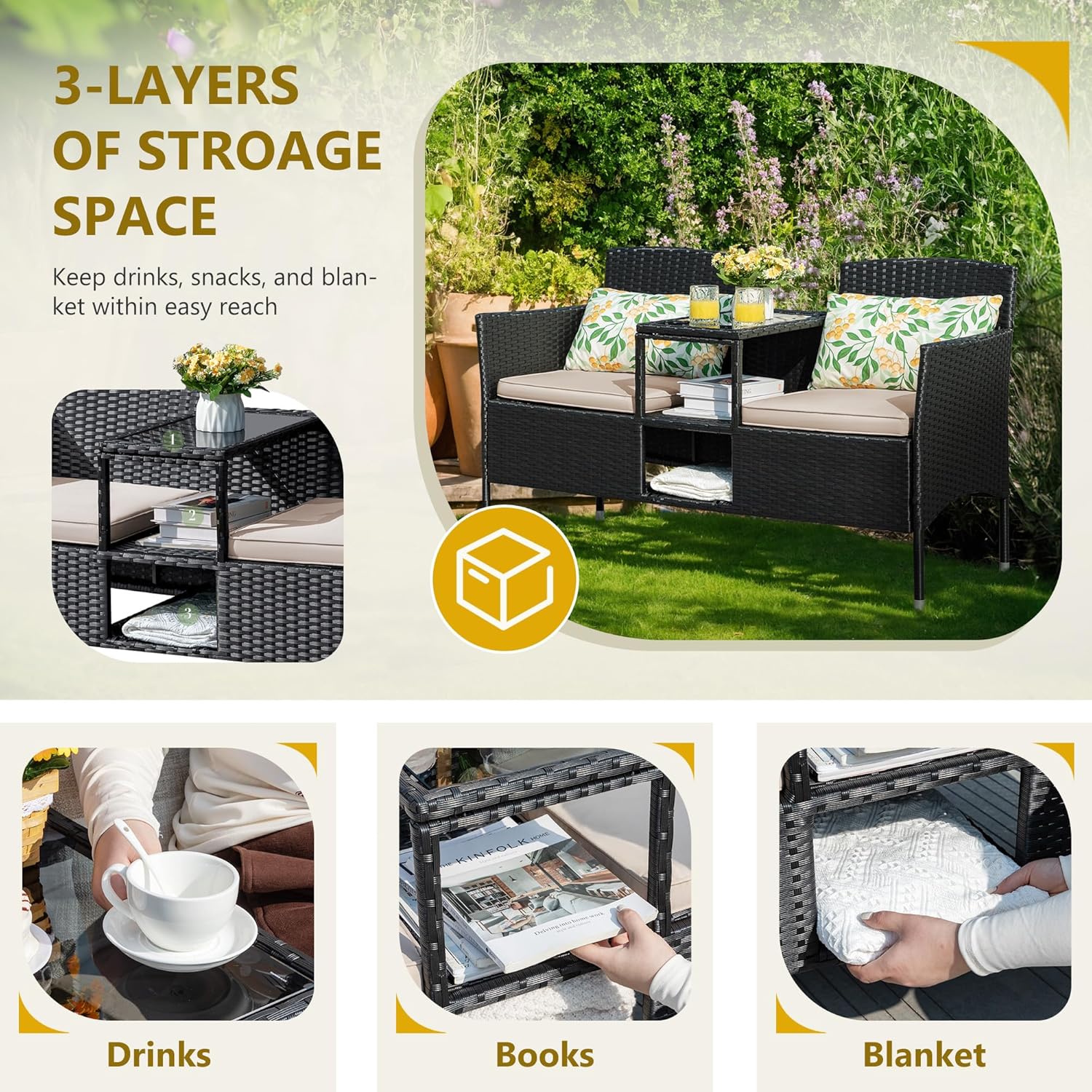 Loveseat - Outdoor Furniture Patio, Wicker 2-Seat with Built-in Table and Cushions Rattan Porch Chairs Bench for Balcony - Lawn, Backyard (Beige)