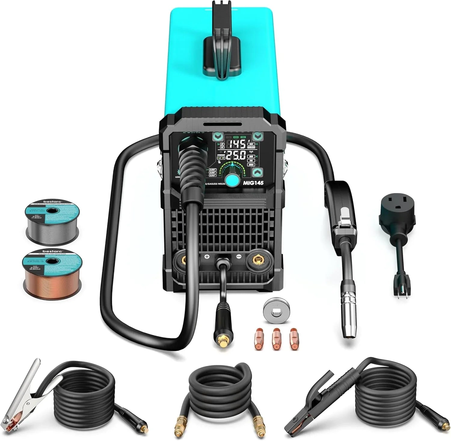 MIG Welder - 145A - 110V/220V Dual Voltage Gas/gasless Flux Core MIG Welder/lift Tig/stick 3 in 1 Synergic MIG145 9GEN Welding Machine, Flux/solid