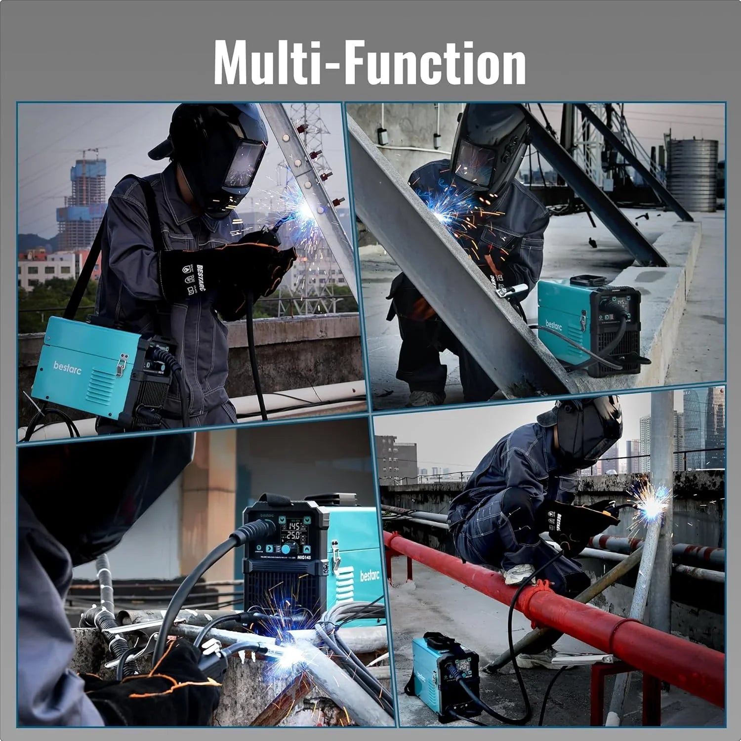 MIG Welder - 145A - 110V/220V Dual Voltage Gas/gasless Flux Core MIG Welder/lift Tig/stick 3 in 1 Synergic MIG145 9GEN Welding Machine, Flux/solid