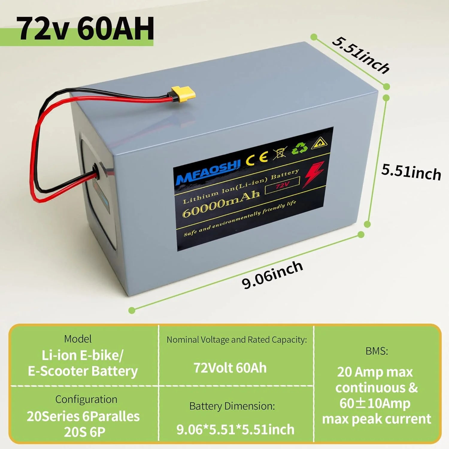 72V 60Ah Lithium E-bike z LED akumulator, XT90 Connector