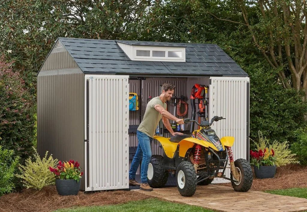 Storage Shed - Resin Outdoor - Featuring Floor (7 X 7 Ft) Weather Resistant Gray Organization for Home/backyard/garden Tools/lawn Mower/bike