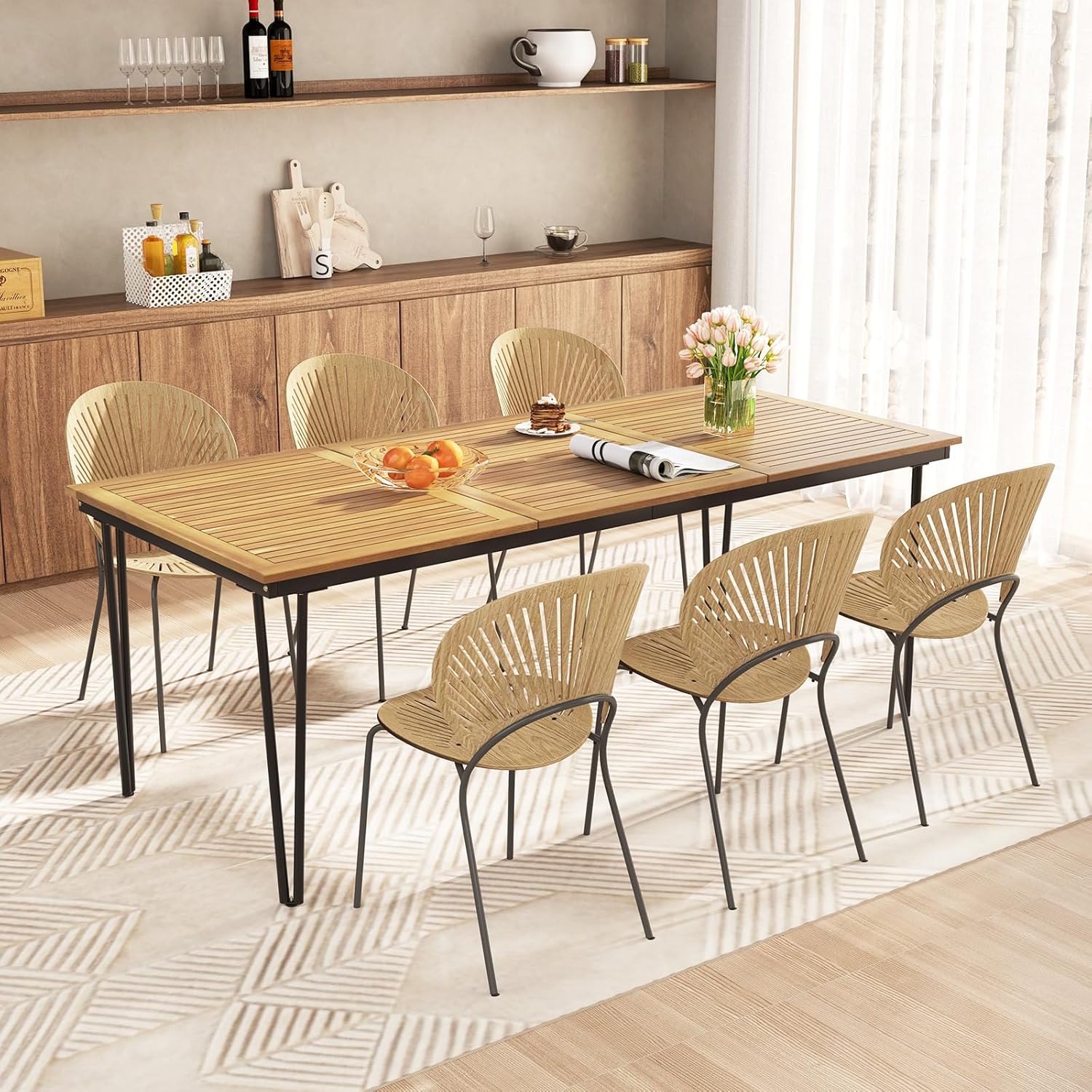 Dining Table - RELAX4LIFE Wooden Outdoor, Designed for 8 - 79-inch Rectangular Table W/acacia Wood Slatted Top, Umbrella Hole and Metal Legs, Indoor Outdoor Bistro