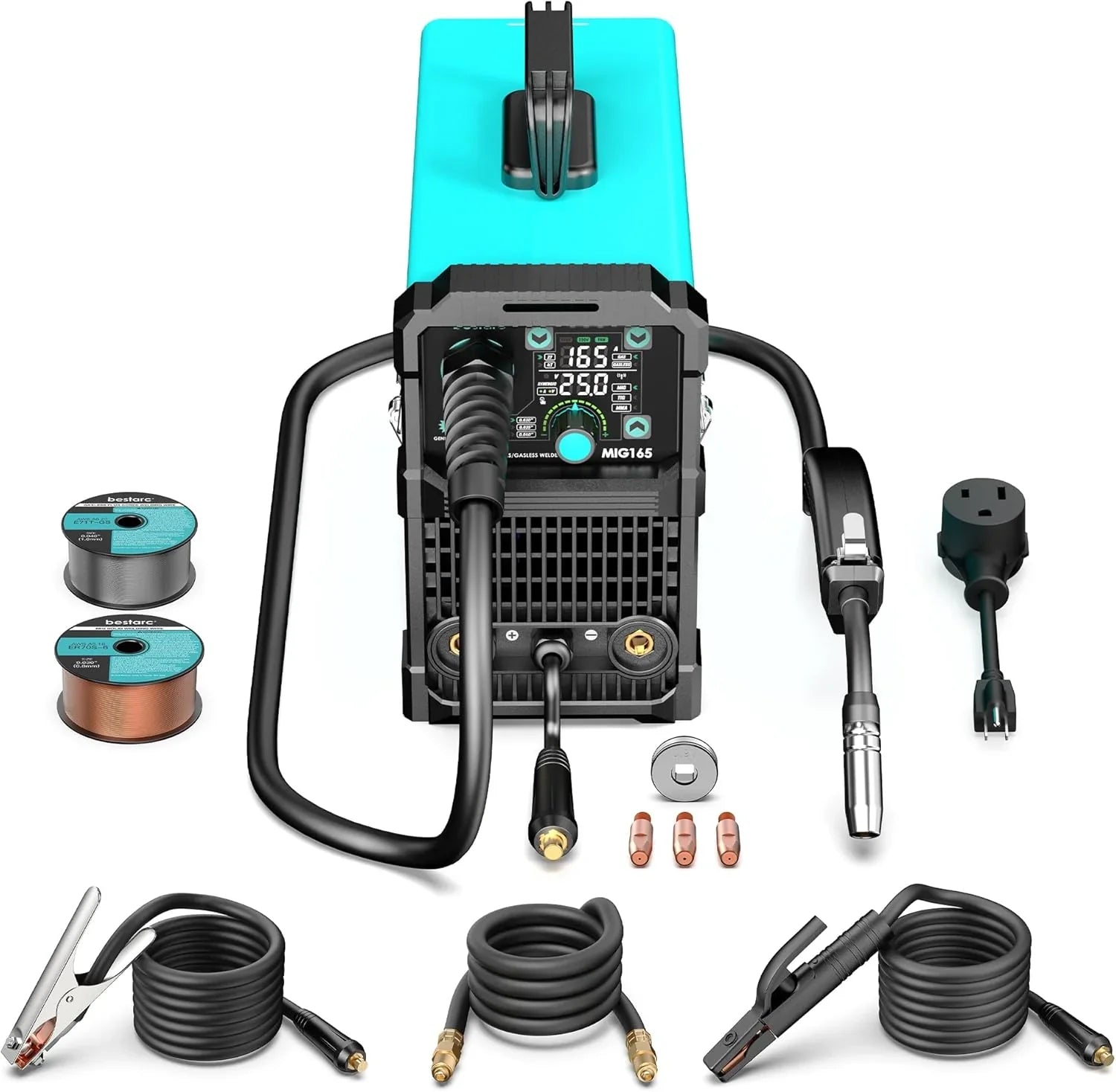 MIG Welder - 145A - 110V/220V Dual Voltage Gas/gasless Flux Core MIG Welder/lift Tig/stick 3 in 1 Synergic MIG145 9GEN Welding Machine, Flux/solid