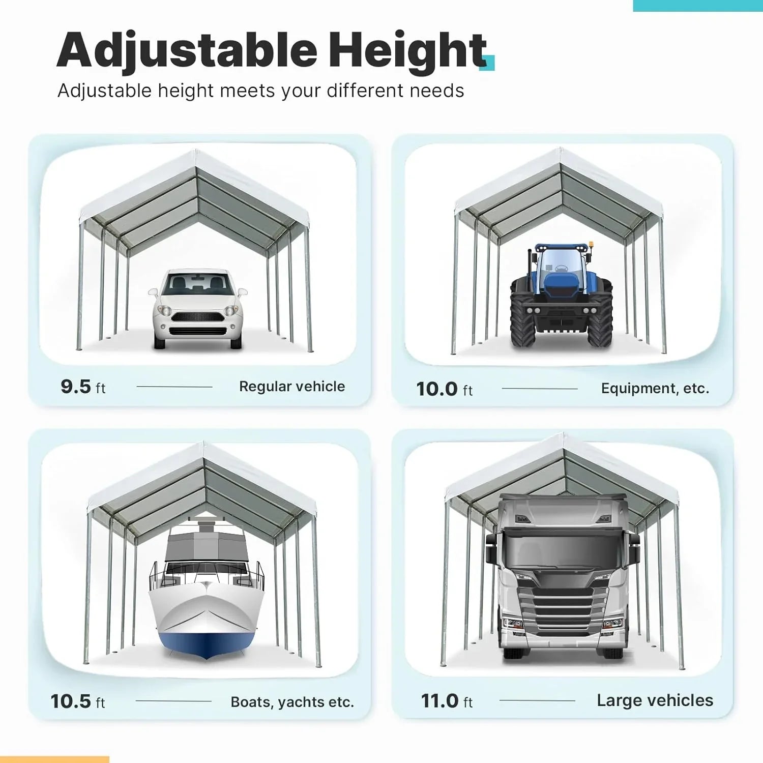 Canopy - OUTDOOR 10 X 20 Ft Heavy Duty Carport Potable Car, Garage Party Tent Boat Shelter - Adjustable Height from 9.5 Ft to 11 Ft, Beige