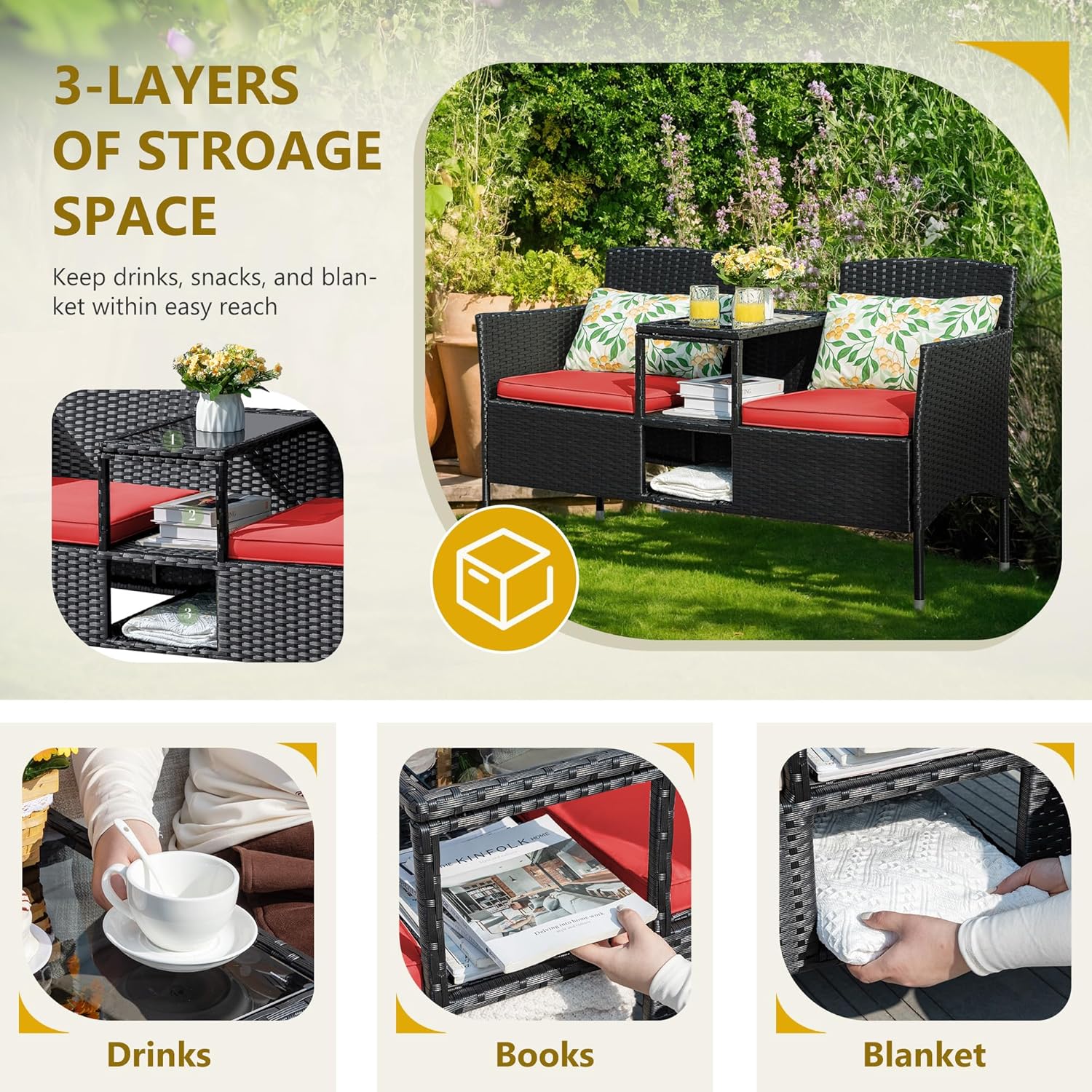 Loveseat - Outdoor Furniture Patio, Wicker 2-Seat with Built-in Table and Cushions Rattan Porch Chairs Bench for Balcony - Lawn, Backyard (Beige)