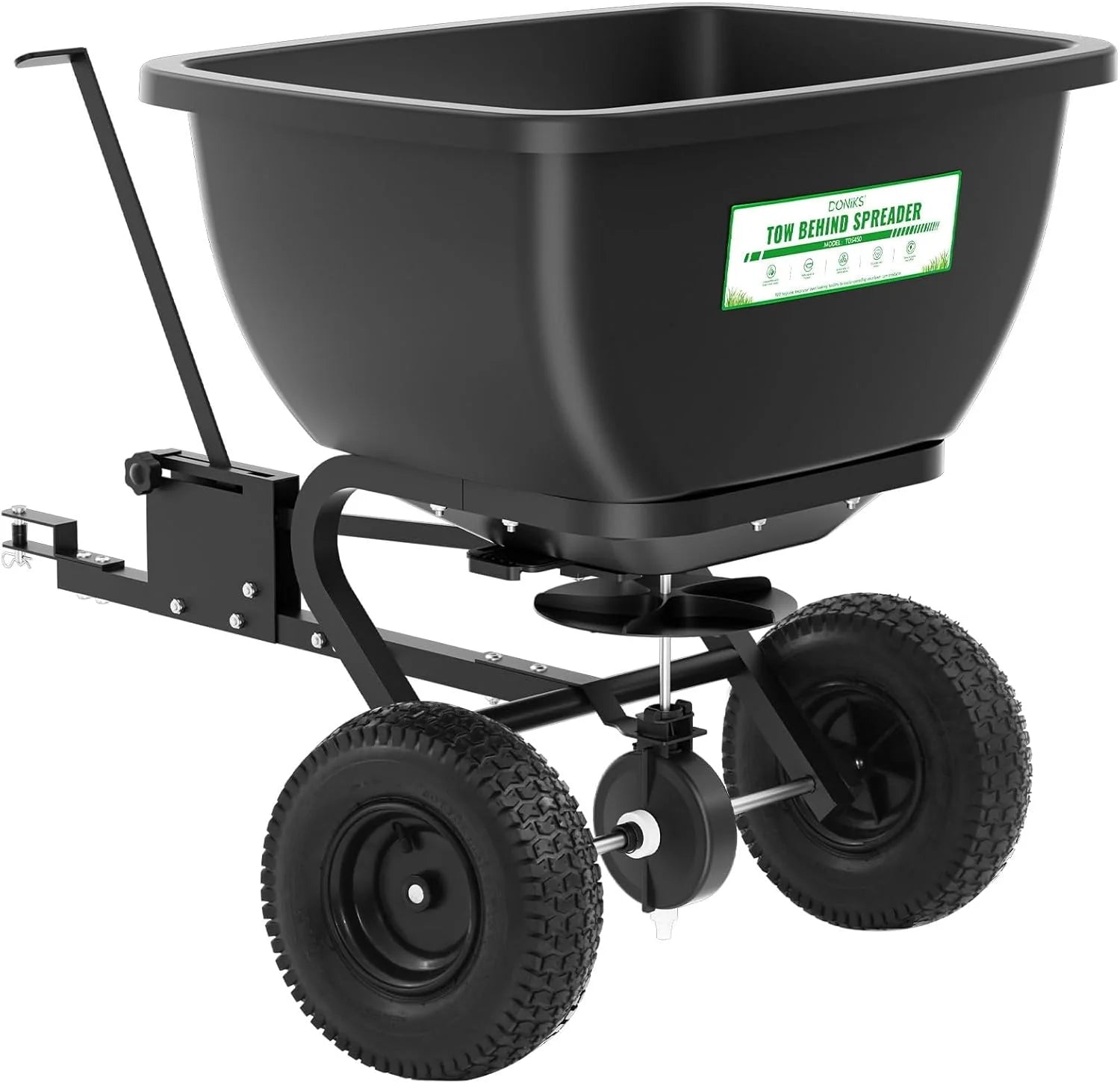 Spreader - Tow Behind Broadcast - 200 LB Capacity, Fertilizer Spreader Holds Up to 550 Lbs with 13-inch Pneumatic Tires and Adjustable Flow Control