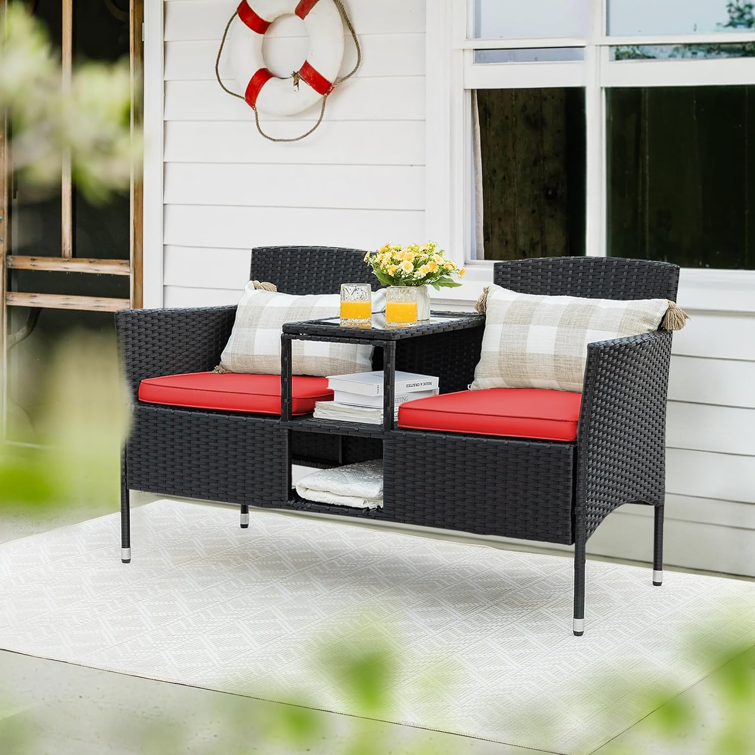 Loveseat - Outdoor Furniture Patio, Wicker 2-Seat with Built-in Table and Cushions Rattan Porch Chairs Bench for Balcony - Lawn, Backyard (Beige)