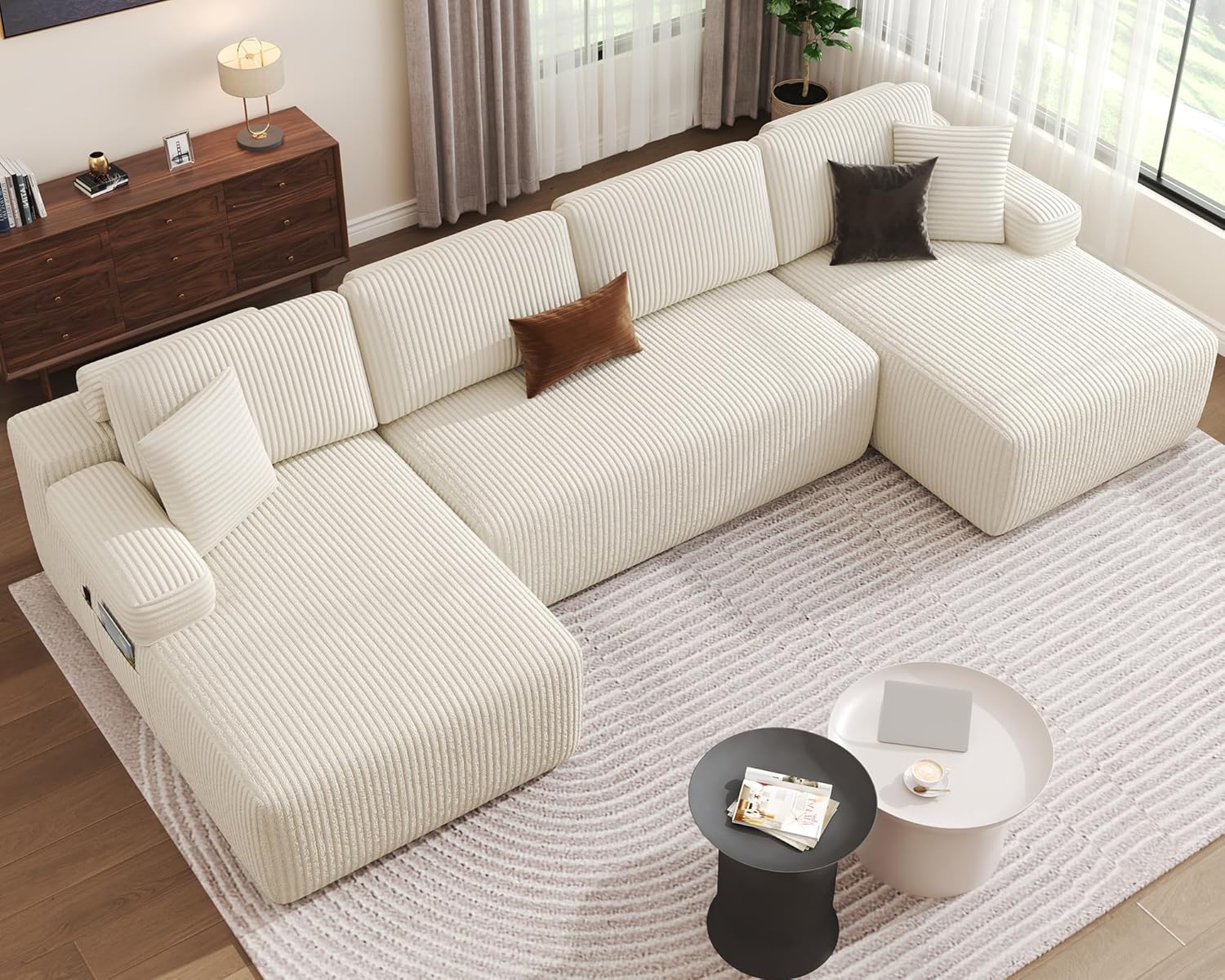126.2 Inches, Featuring Modular U-shaped Deep-set Sofa, Thick Velvet Mattress Sofa Bed, Suitable for Living Room, No Assembly Required (Beige)
