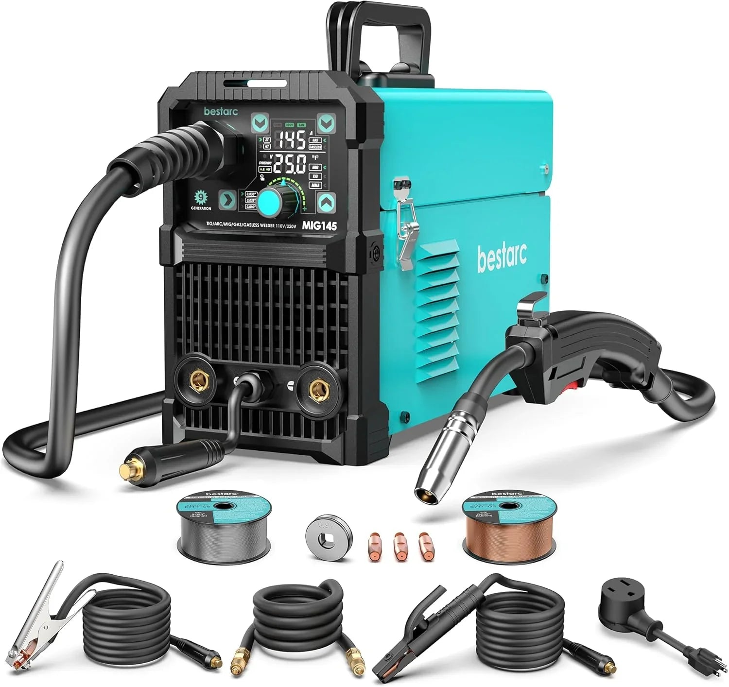 MIG Welder - 145A - 110V/220V Dual Voltage Gas/gasless Flux Core MIG Welder/lift Tig/stick 3 in 1 Synergic MIG145 9GEN Welding Machine, Flux/solid