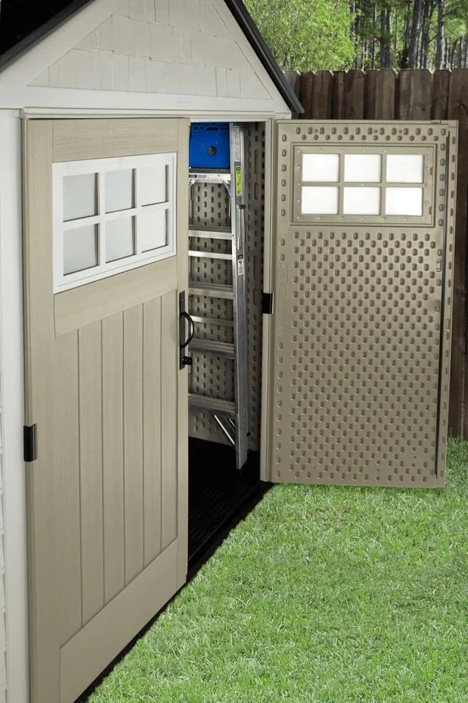 Storage Shed - Resin Outdoor - Featuring Floor (7 X 7 Ft) Weather Resistant Gray Organization for Home/backyard/garden Tools/lawn Mower/bike
