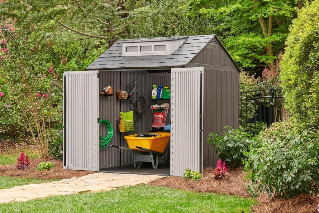 Storage Shed - Resin Outdoor - Featuring Floor (7 X 7 Ft) Weather Resistant Gray Organization for Home/backyard/garden Tools/lawn Mower/bike