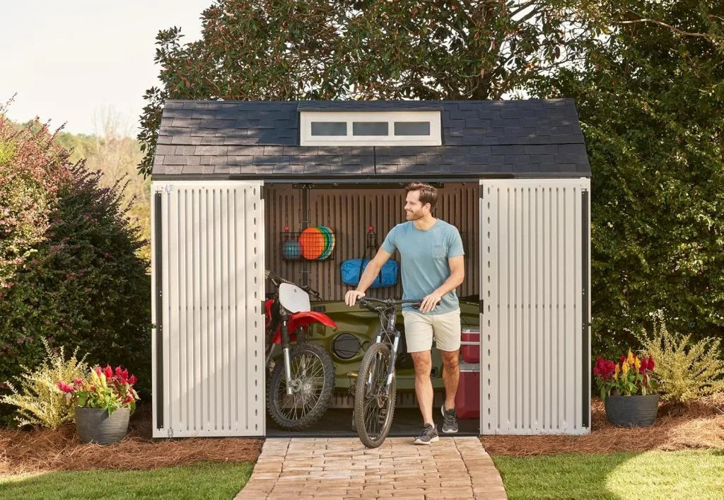 Storage Shed - Resin Outdoor - Featuring Floor (7 X 7 Ft) Weather Resistant Gray Organization for Home/backyard/garden Tools/lawn Mower/bike