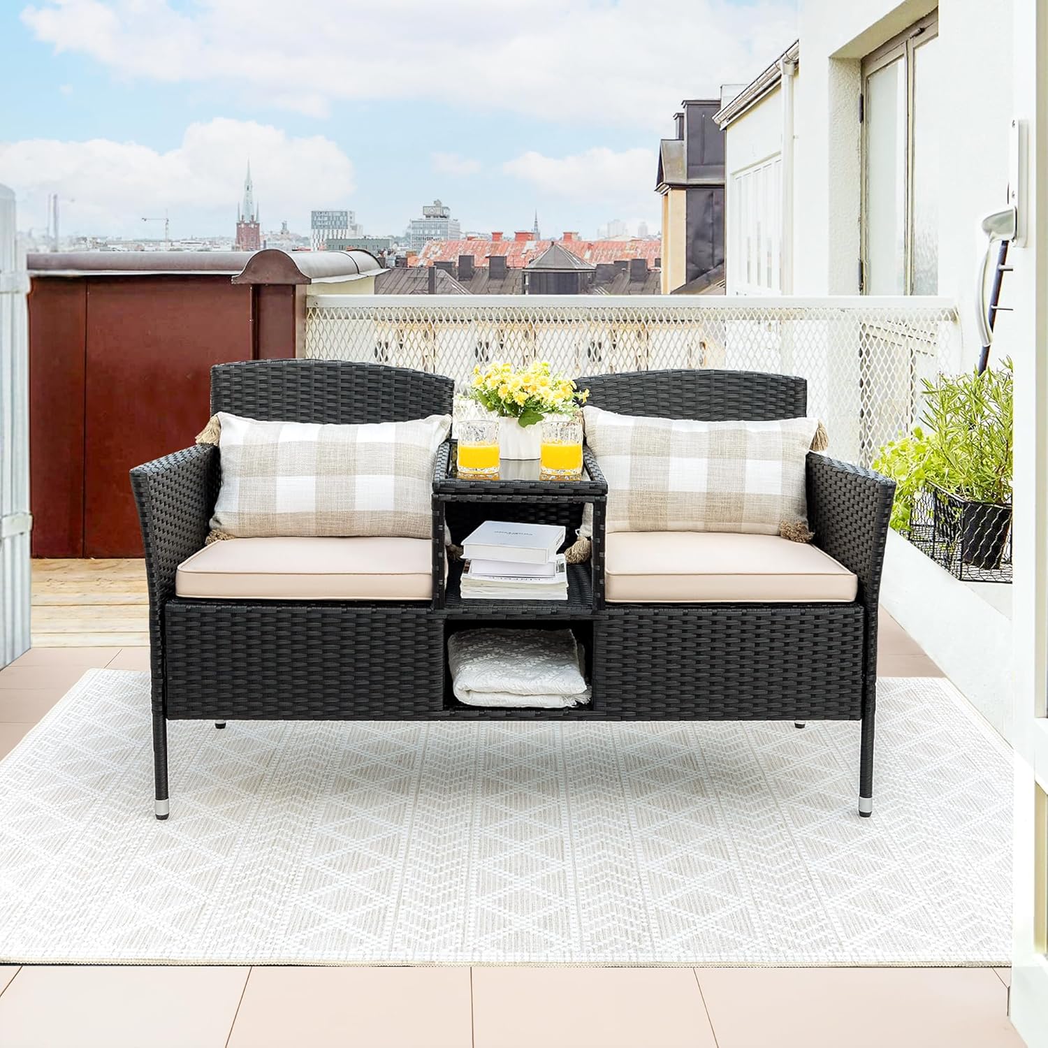 Loveseat - Outdoor Furniture Patio, Wicker 2-Seat with Built-in Table and Cushions Rattan Porch Chairs Bench for Balcony - Lawn, Backyard (Beige)