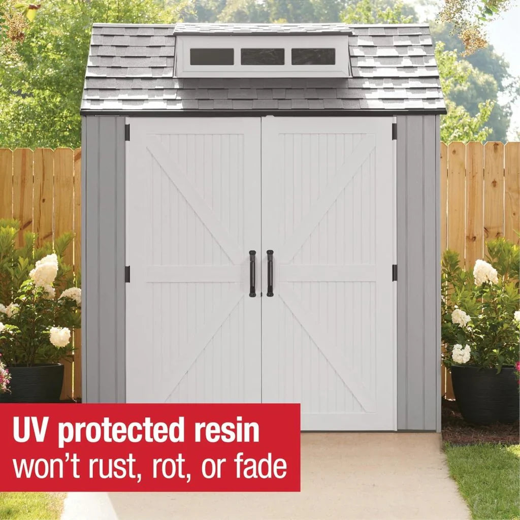 Storage Shed - Resin Outdoor - Featuring Floor (7 X 7 Ft) Weather Resistant Gray Organization for Home/backyard/garden Tools/lawn Mower/bike