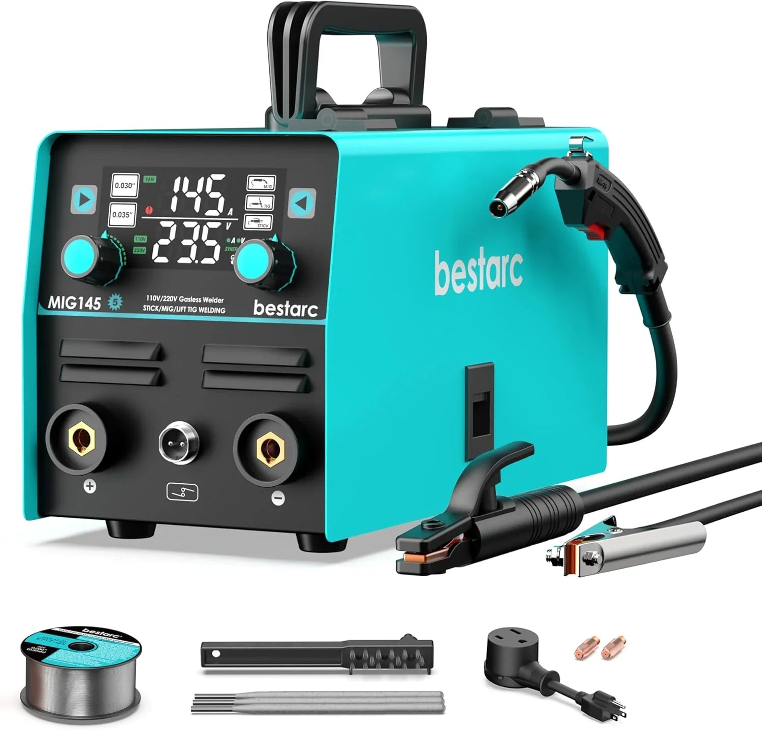 MIG Welder - 145A - 110V/220V Dual Voltage Gas/gasless Flux Core MIG Welder/lift Tig/stick 3 in 1 Synergic MIG145 9GEN Welding Machine, Flux/solid