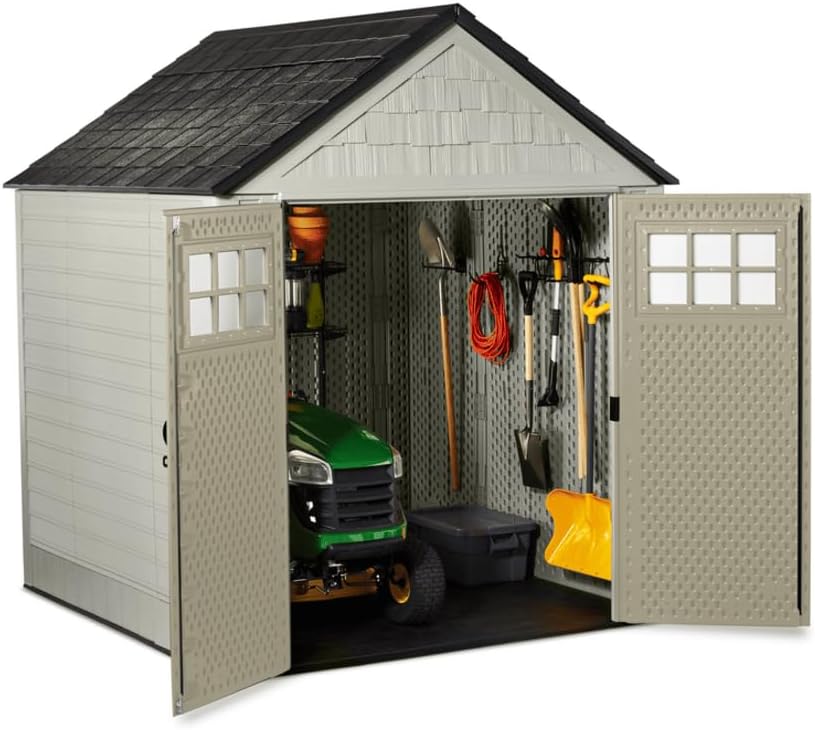 Storage Shed - Resin Outdoor - Featuring Floor (7 X 7 Ft) Weather Resistant Gray Organization for Home/backyard/garden Tools/lawn Mower/bike