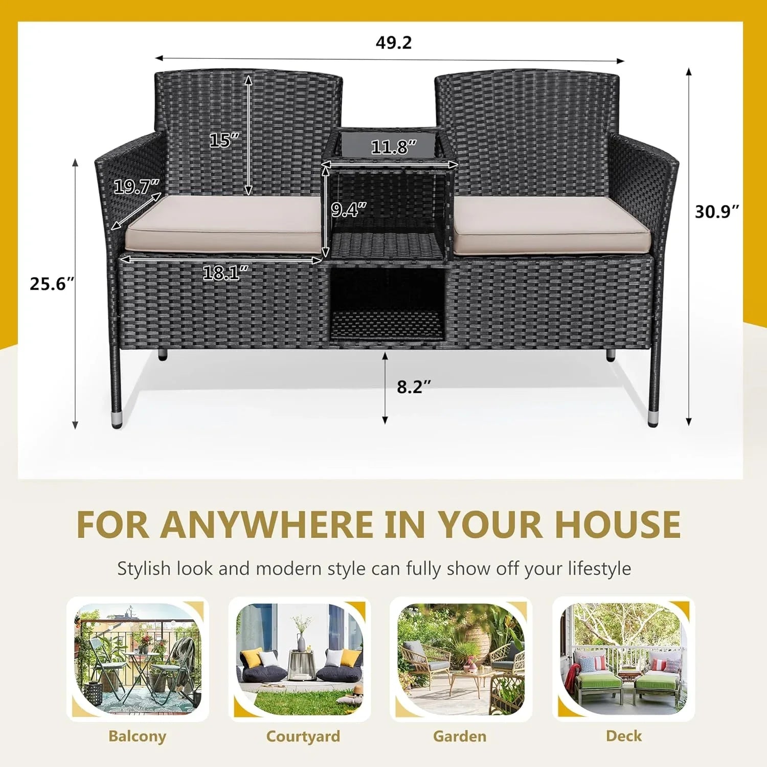 Loveseat - Outdoor Furniture Patio, Wicker 2-Seat with Built-in Table and Cushions Rattan Porch Chairs Bench for Balcony - Lawn, Backyard (Beige)