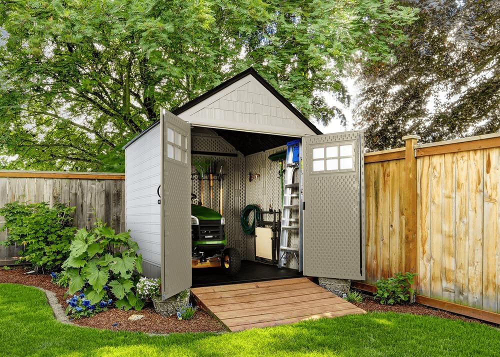 Storage Shed - Resin Outdoor - Featuring Floor (7 X 7 Ft) Weather Resistant Gray Organization for Home/backyard/garden Tools/lawn Mower/bike