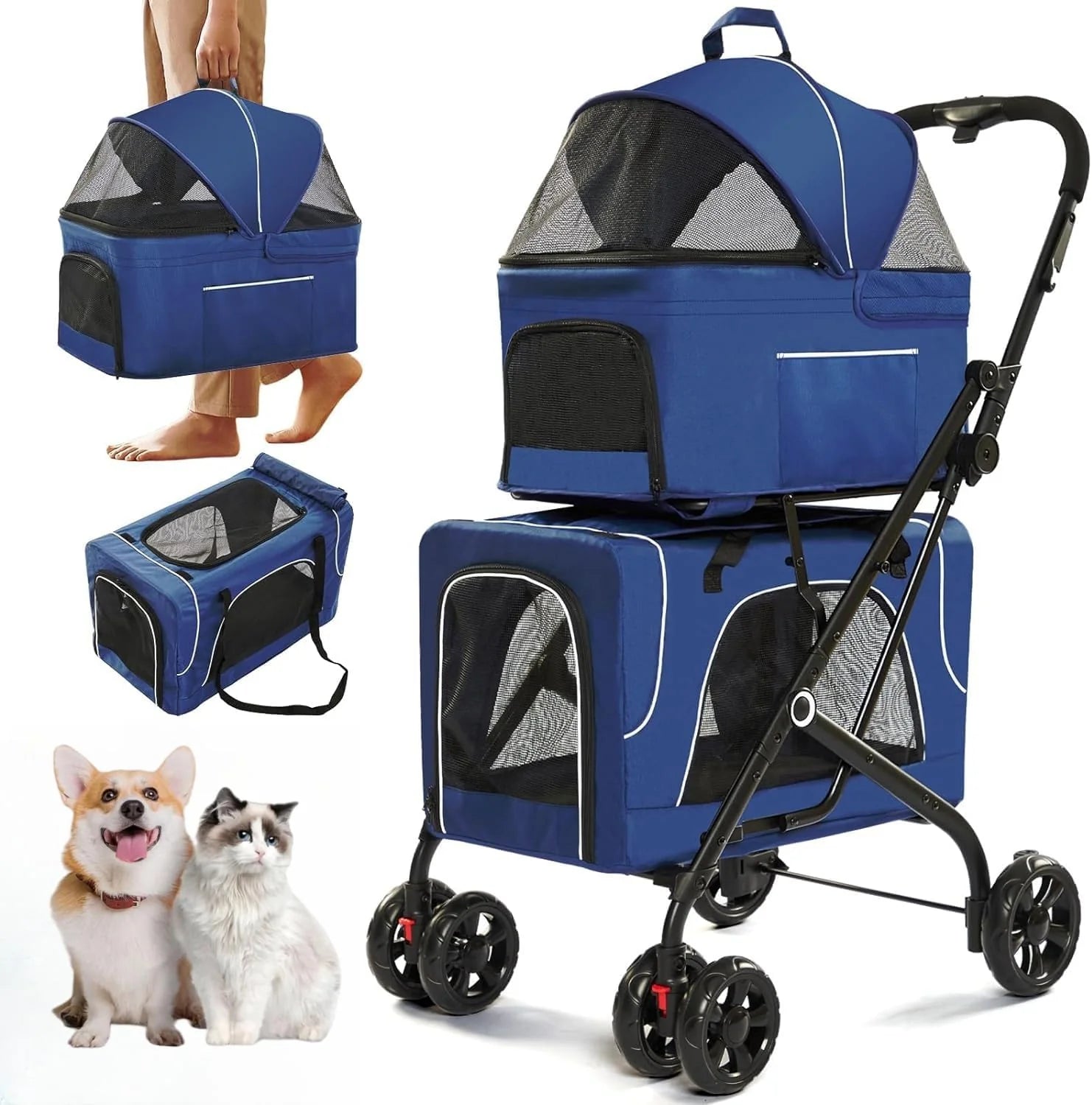 Stroller - Double Dog, Designed for 2 Dogs - Detachable Carriers, Safety Belt, Lockable Wheels, Pet Travel Carrier Strolling Cart, Folding Cat Stroller