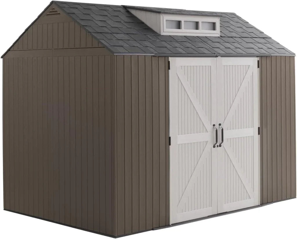 Storage Shed - Resin Outdoor - Featuring Floor (7 X 7 Ft) Weather Resistant Gray Organization for Home/backyard/garden Tools/lawn Mower/bike