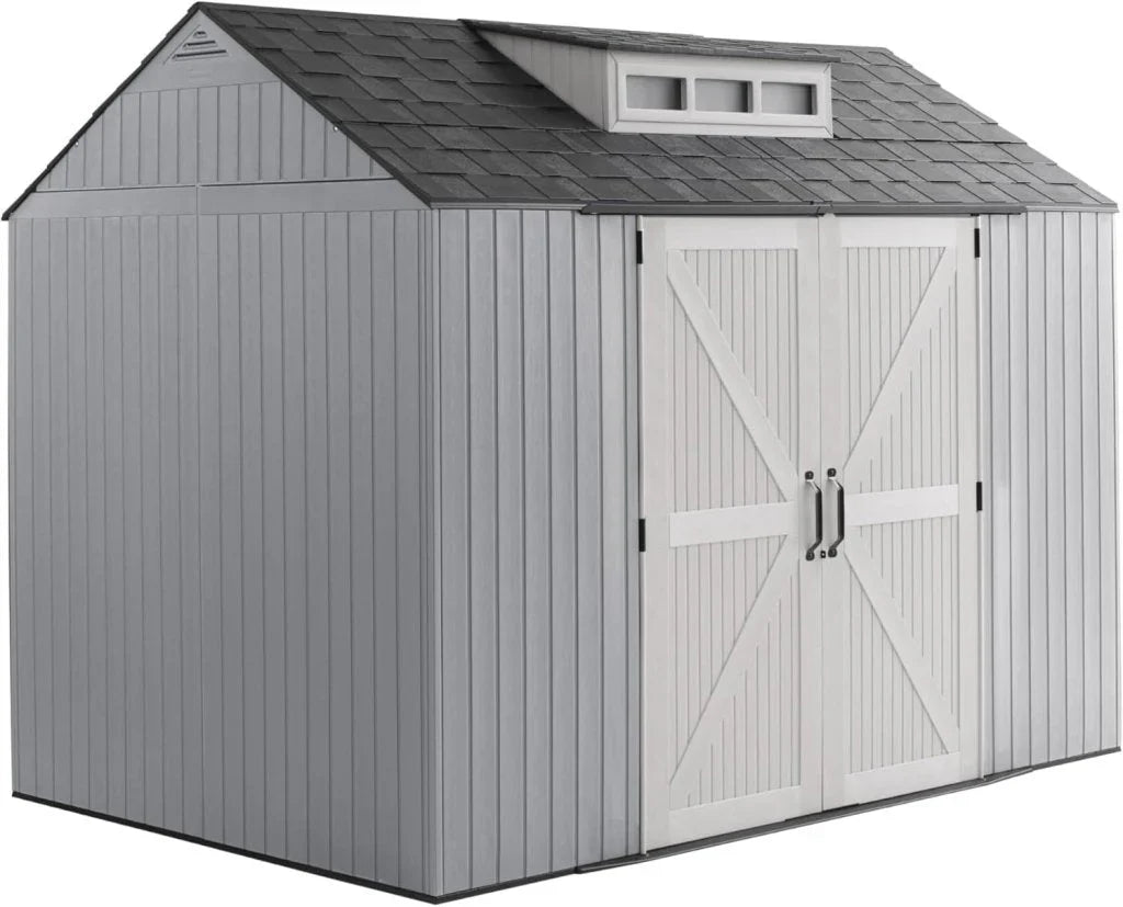 Storage Shed - Resin Outdoor - Featuring Floor (7 X 7 Ft) Weather Resistant Gray Organization for Home/backyard/garden Tools/lawn Mower/bike