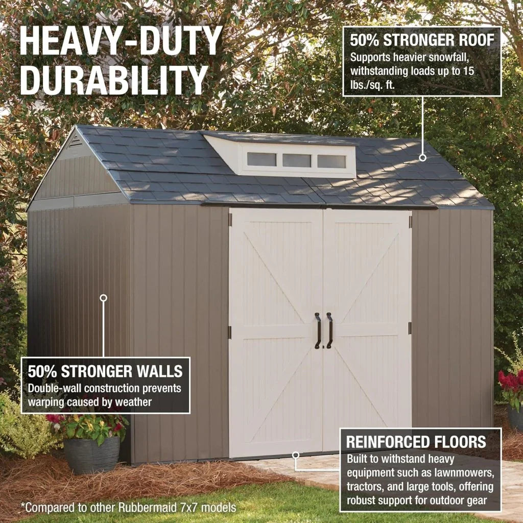 Storage Shed - Resin Outdoor - Featuring Floor (7 X 7 Ft) Weather Resistant Gray Organization for Home/backyard/garden Tools/lawn Mower/bike