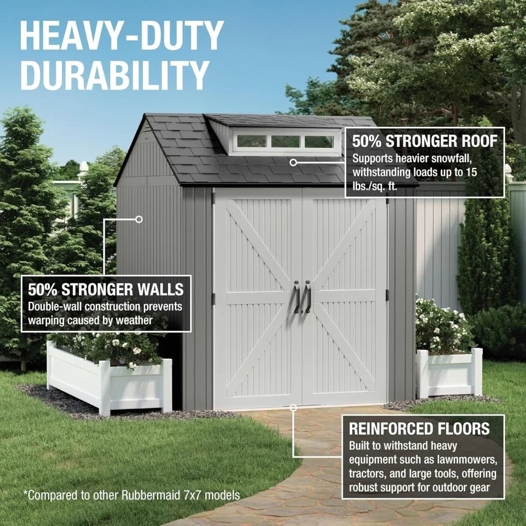 Storage Shed - Resin Outdoor - Featuring Floor (7 X 7 Ft) Weather Resistant Gray Organization for Home/backyard/garden Tools/lawn Mower/bike