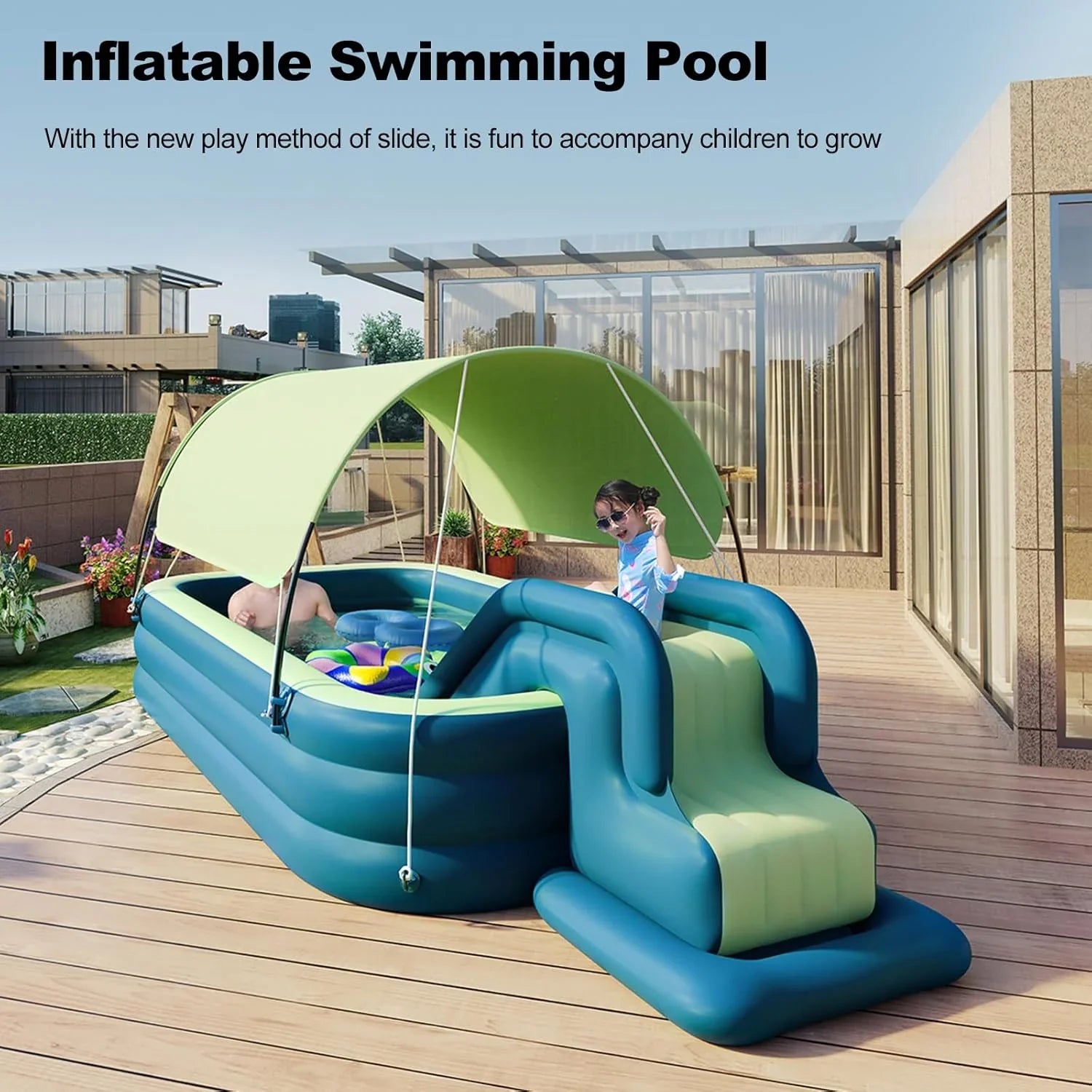Swimming Pool - Inflatable, Featuring Water Slide - Inflatable Slide Water Pool with Awning, Inflatable Mega Bouncy Castle Water Park, Swim Centre