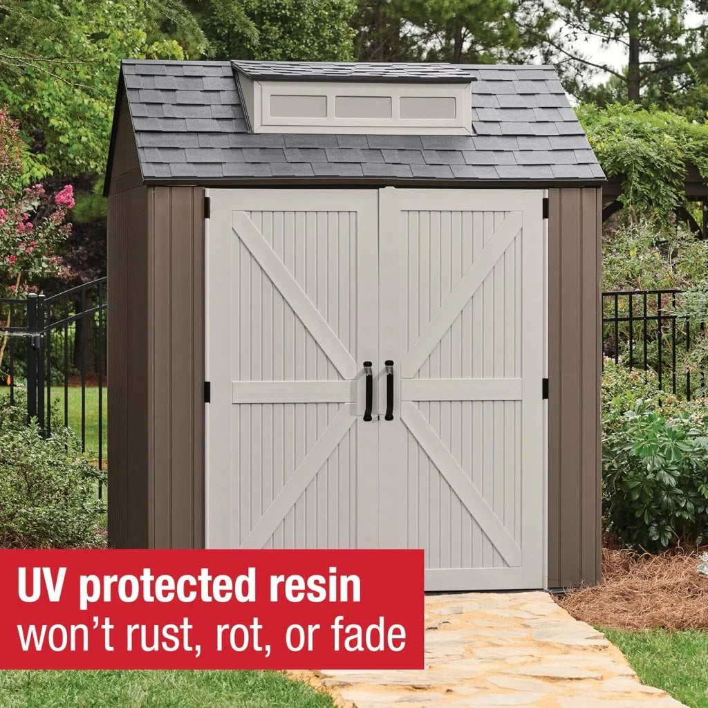 Storage Shed - Resin Outdoor - Featuring Floor (7 X 7 Ft) Weather Resistant Gray Organization for Home/backyard/garden Tools/lawn Mower/bike
