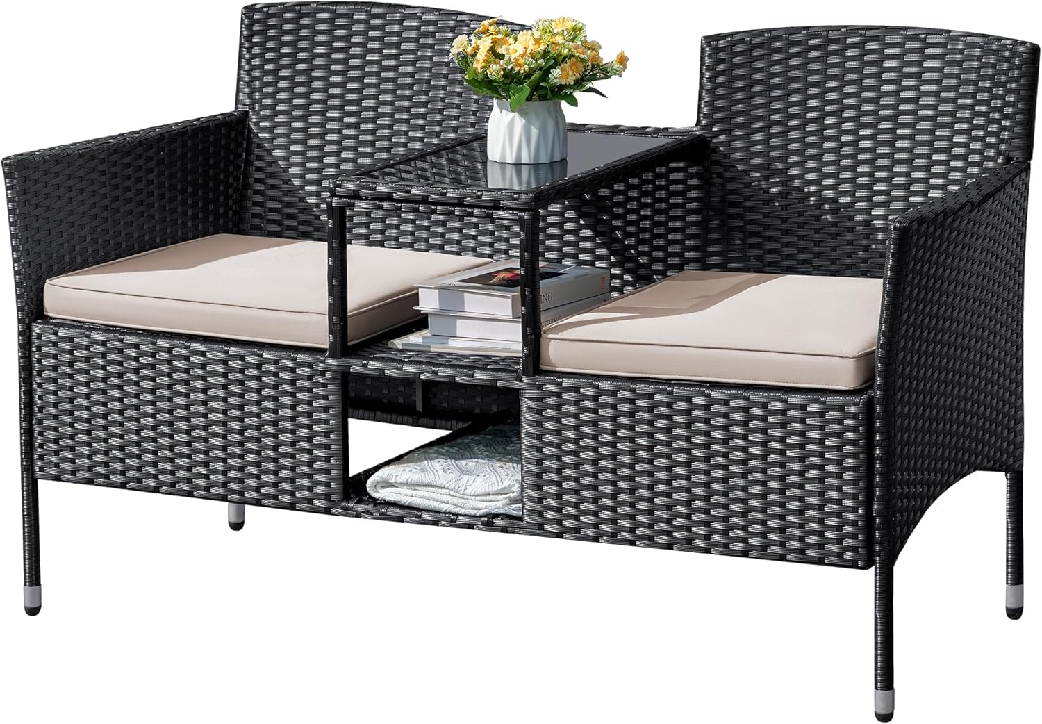 Loveseat - Outdoor Furniture Patio, Wicker 2-Seat with Built-in Table and Cushions Rattan Porch Chairs Bench for Balcony - Lawn, Backyard (Beige)