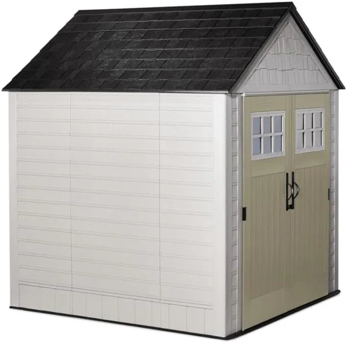 Storage Shed - Resin Outdoor - Featuring Floor (7 X 7 Ft) Weather Resistant Gray Organization for Home/backyard/garden Tools/lawn Mower/bike