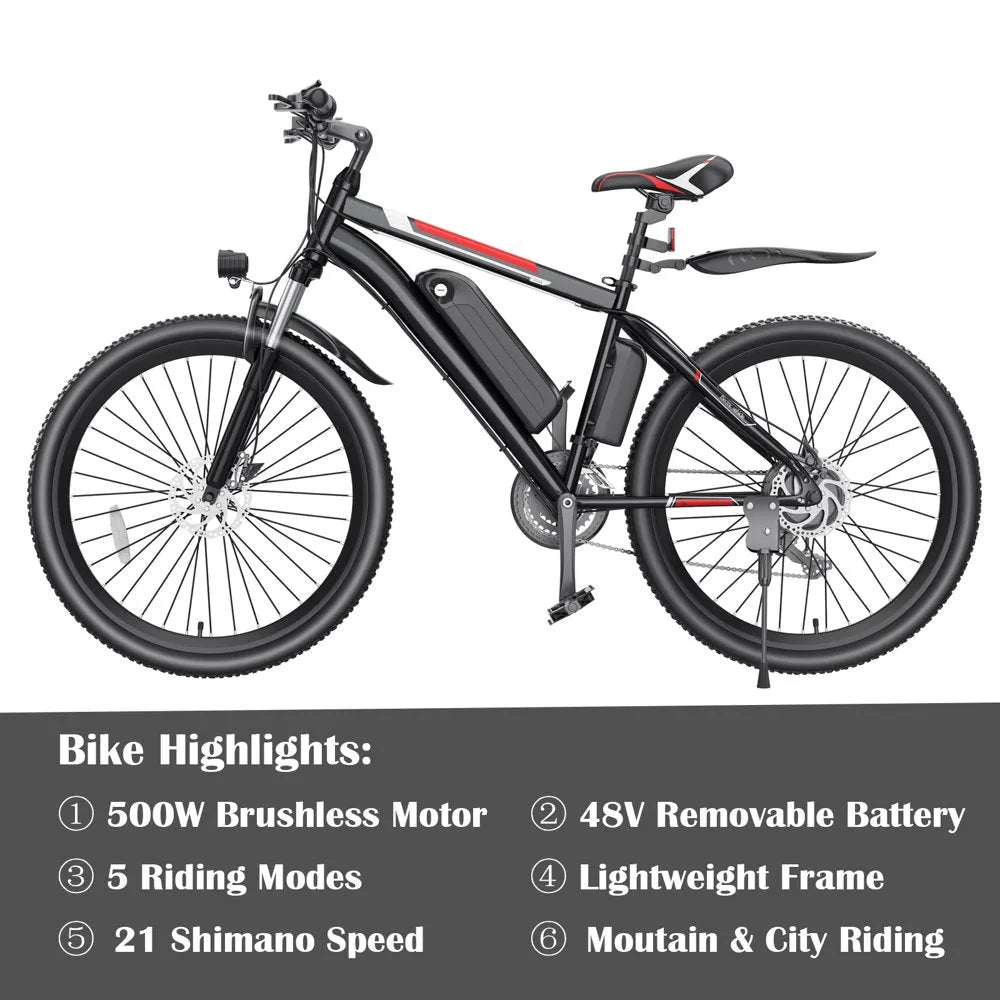 Electric Bike - 500W, 26-inch Electric Bicycle - Designed for Adults with Cruise Control System Ebike