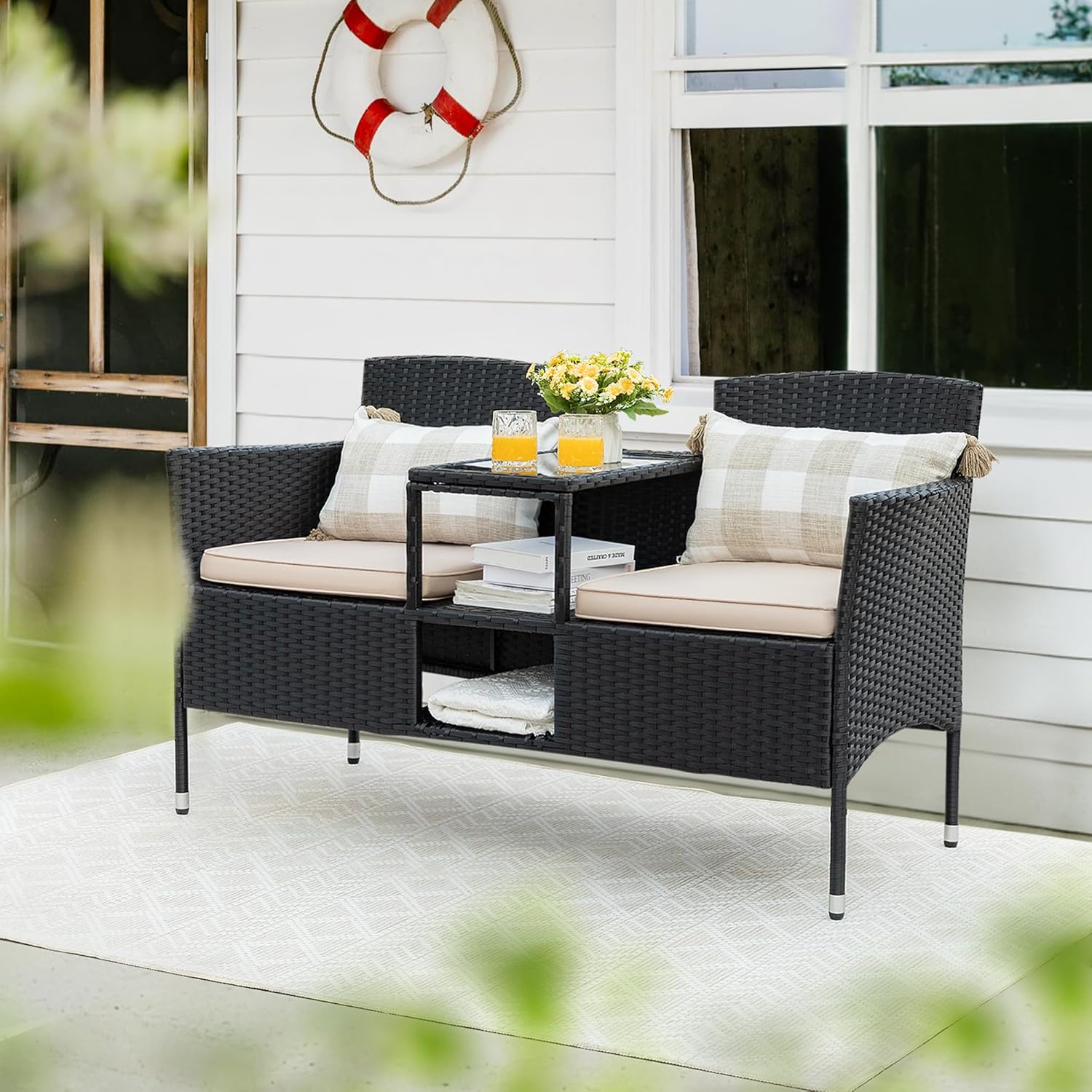 Loveseat - Outdoor Furniture Patio, Wicker 2-Seat with Built-in Table and Cushions Rattan Porch Chairs Bench for Balcony - Lawn, Backyard (Beige)