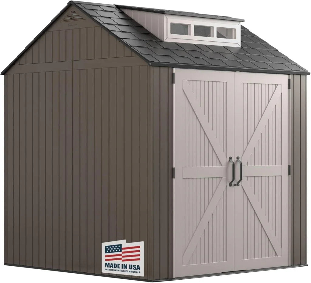 Storage Shed - Resin Outdoor - Featuring Floor (7 X 7 Ft) Weather Resistant Gray Organization for Home/backyard/garden Tools/lawn Mower/bike